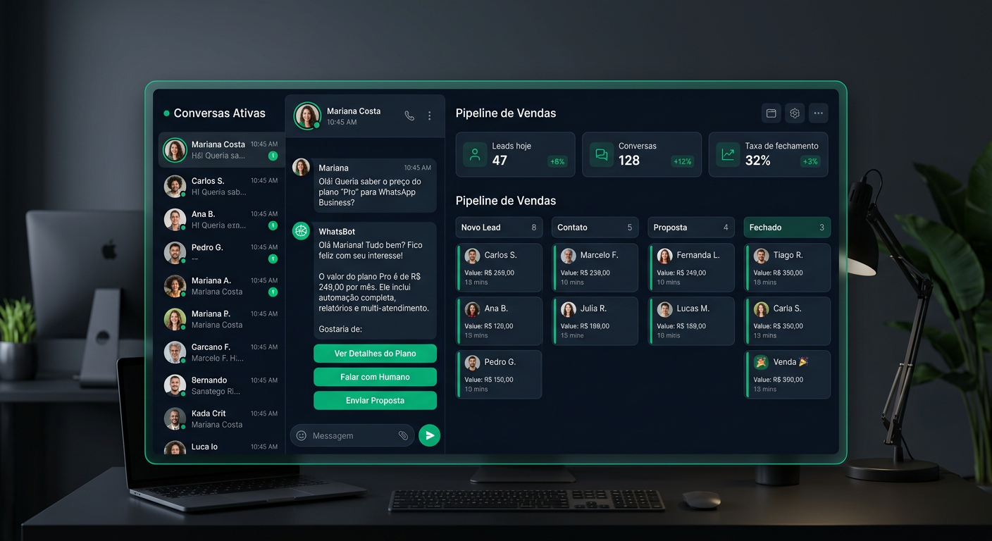 Painel da plataforma AN7: atendimento automático no WhatsApp e funil de vendas organizado